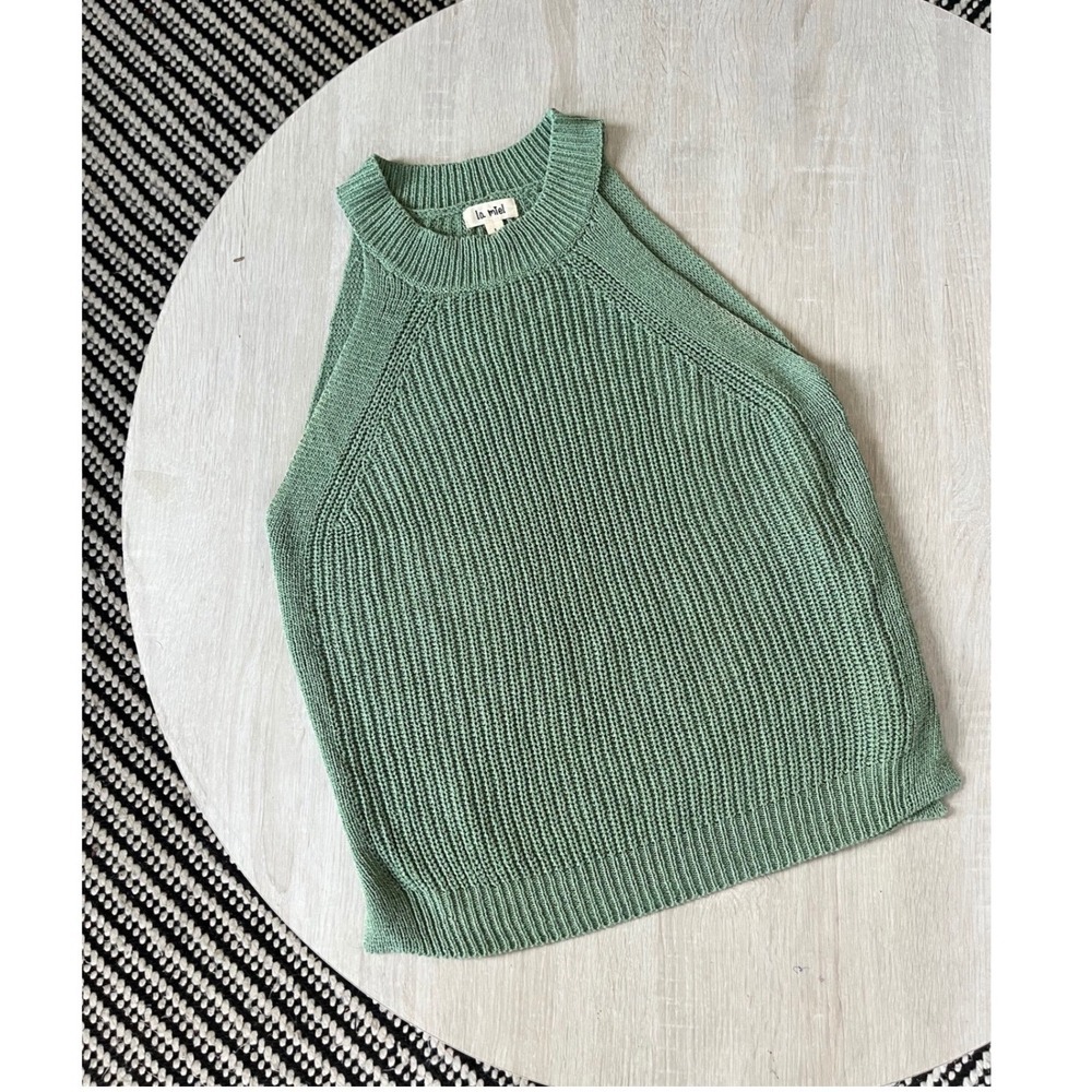 La Miel Sage Green Sleeveless Sweater Tank High Neck Ribbed Knit Top L boho